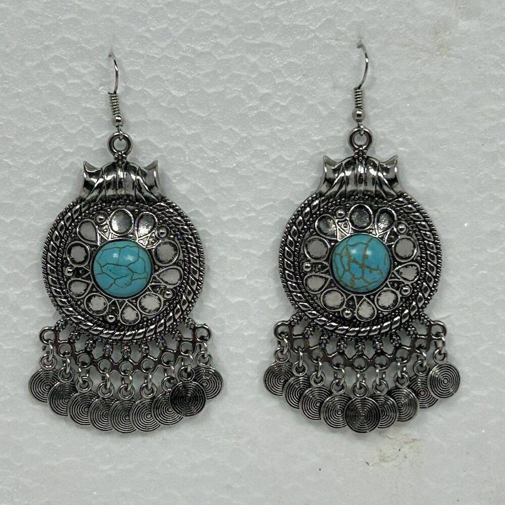 Boho Silver Tone Turquoise Stone Silver Discs Earrings Costume Jewelry 3"
